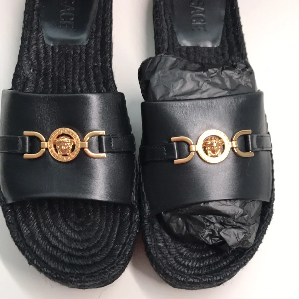 New Authentic Versace Summer Slides – Premium Leather, Gold-Tone Logo